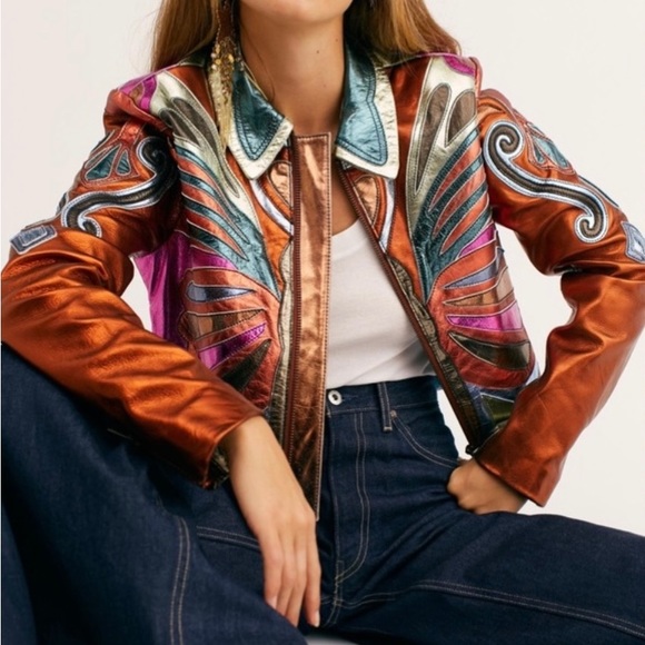 Free People Stars are Psychedelic Metallic Leather Jacket, Multi-color, XL - Picture 8 of 10